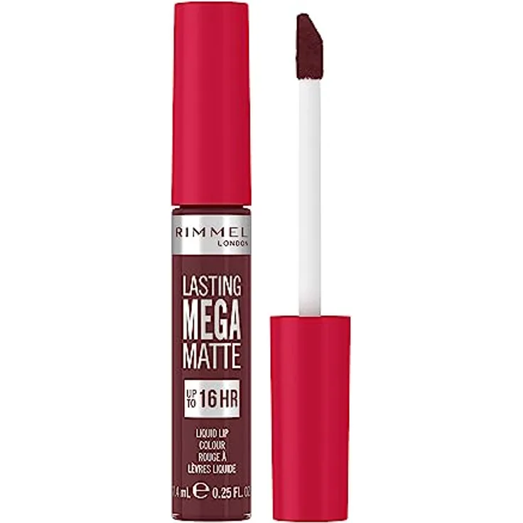 Rimmel London Flüssiger Lippenstift Lasting Mega Matte, flüssiger Lippenstift für weiche Lippen mit Finish Matte, vegane Formel mit Squalen und Kokosöl - 810 Plum this Show, 7,4 ml