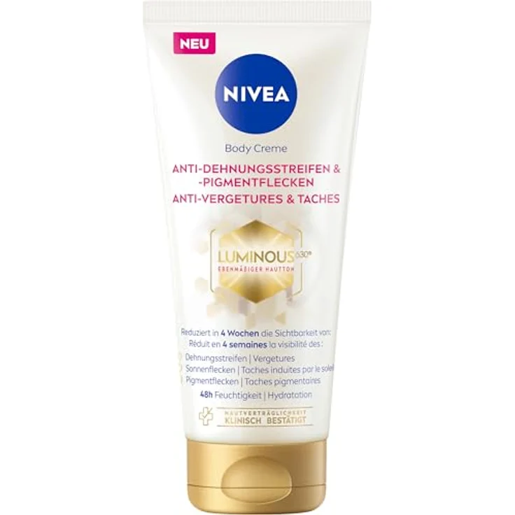 NIVEA LUMINOUS630® Body Creme Anti-Dehnungsstreifen & -Pigmentflecken, Bodylotion gleicht Unterschiede im Hautton aus, leichte Textur und spendet 48h Feuchtigkeit (200 ml) – Bild 1