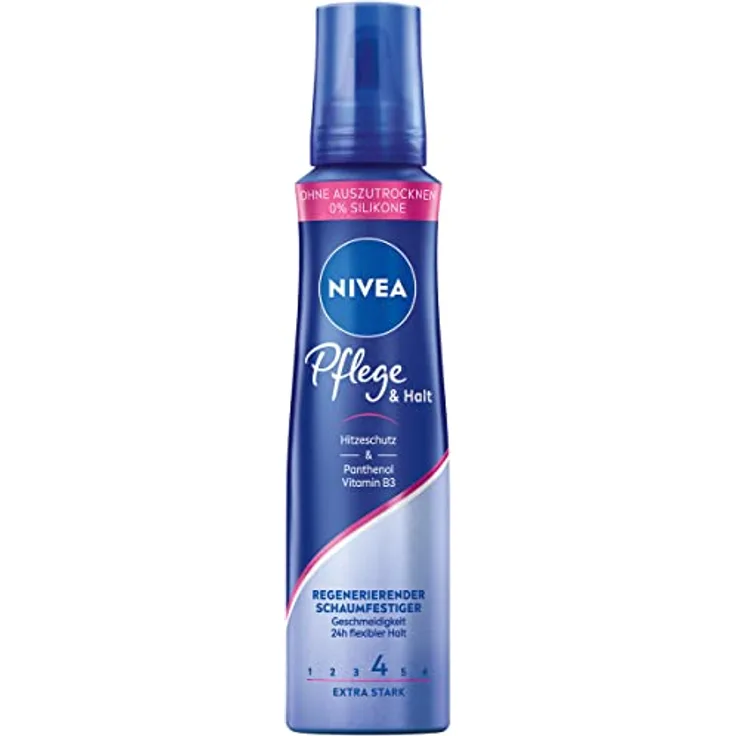 NIVEA Pflege & Halt Schaumfestiger Extra Stark (150 ml), pflegender Haarschaum mit Hitzeschutz, Panthenol & Vitamin B3, Haarfestiger für 24h Halt (Haltestufe 4)