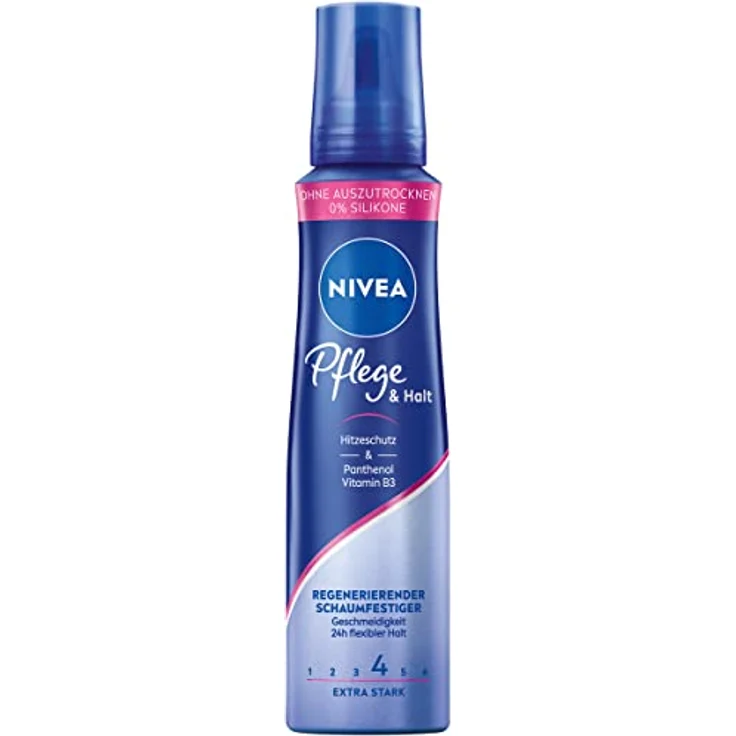 NIVEA Pflege & Halt Schaumfestiger Extra Stark (150 ml), pflegender Haarschaum mit Hitzeschutz, Panthenol & Vitamin B3, Haarfestiger für 24h Halt (Haltestufe 4) – Bild 1