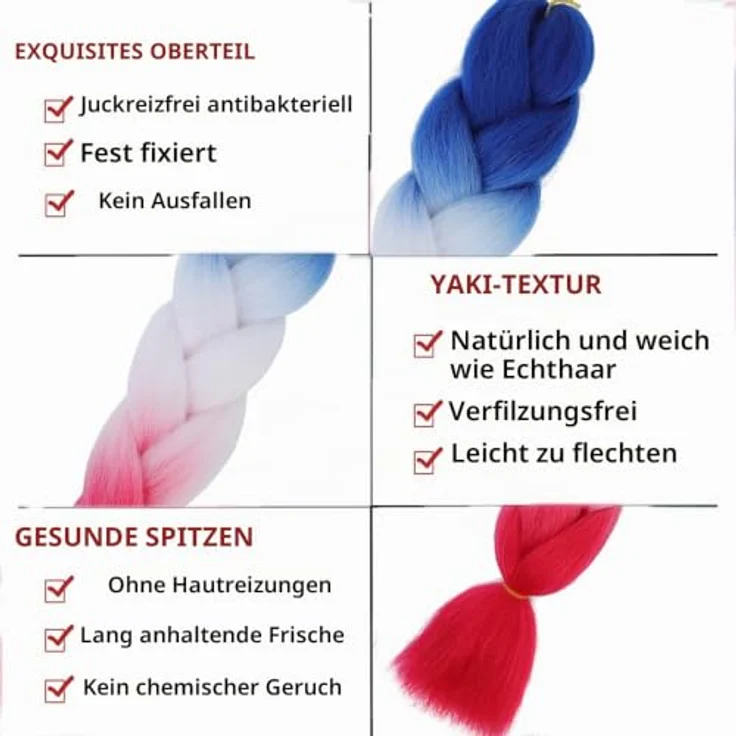 Shangxiu Braids Extensions Ombre, 24" blau-weiß-rot, hitzebeständige synthetische Haarverlängerungen, 300g комплект – Bild 4