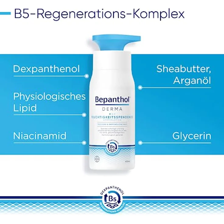 Bayer Vital GmbH Bepanthol Derma Feuchtigkeitsspendende Körperlotion, 200 ml, für trockene und empfindliche Haut, ohne Duftstoffe, dermatologisch getestet – Bild 6