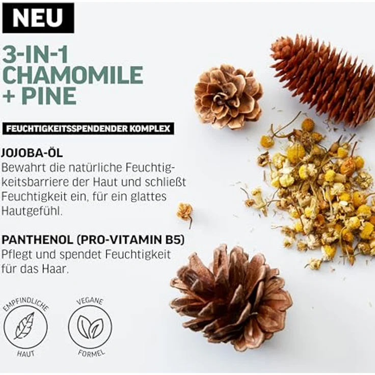 AMERICAN CREW 3-in-1 Chamomile & Pine Shampoo, Conditioner & Body Wash, 250ml - Pflegeshampoo und Duschgel für Männer, mit entspannendem Duft – Bild 4