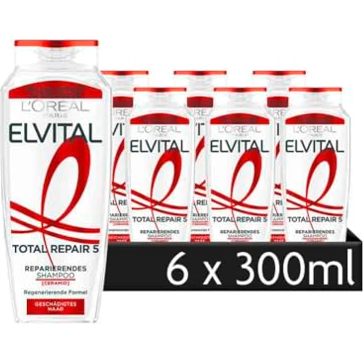 L'Oréal Paris Elvital Total Repair 5, Reparierendes Shampoo gegen 5 Probleme geschädigter Haare, mit Cicamide und Pro-Keratin, 6 x 300 ml – Bild 1
