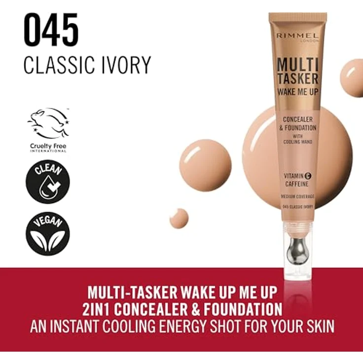 Rimmel London Multitasker Wake Me Up Concealer und Grundierung Classic Ivory 20 ml - Cremige Formel mit strahlendem Finish, Koffein und Vitamin C für Hautaufhellung, metallischer Applikator für Massage – Bild 5