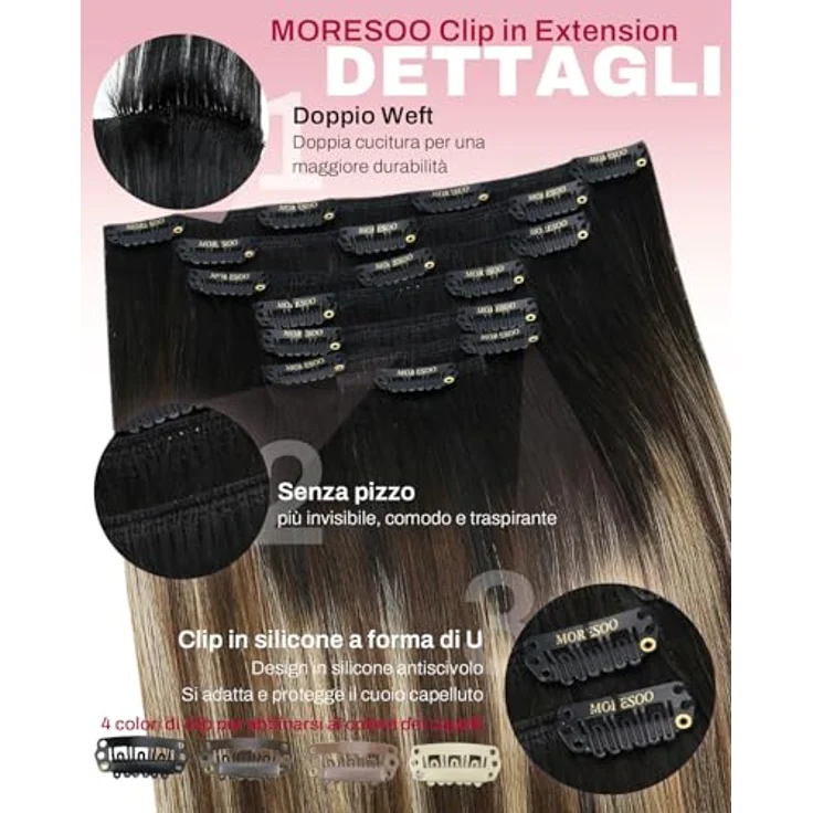 Moresoo Clip in Extensions Echthaar 60 cm, Schwarz Balayage (#1B/3/27), 120g, 7pcs Clips für Langes Haar, Glatt und Seidig – Bild 4
