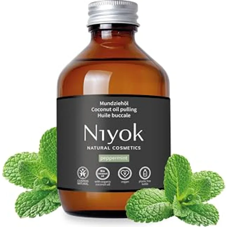Niyok Mundspülung Mundziehöl, natürliche Pflege mit Bio-Kokosöl und erfrischender Pfefferminze, 200ml in plastikfreier Glasflasche
