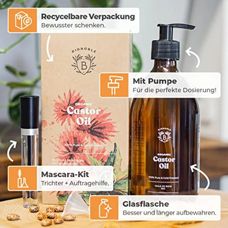 Bionoble Rizinusöl Bio 500ml - 100% Rein, Natürlich und Kaltgepresst - Wimpern, Augenbrauen, Haare, Bart, Nägel - Vegan und Cruelty Free - Castor Oil - Glasflasche + Pumpe + Mascara Kit – Bild 4