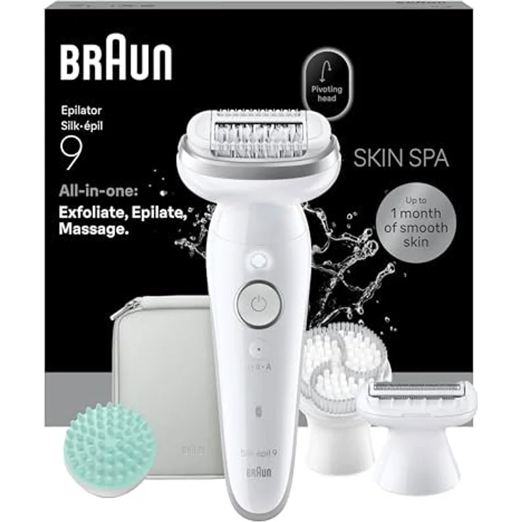 Braun Silk·épil 9 SkinSpa, Epilierer für Damen mit 40 Microgrip-Pinzetten, Nass- und Trockenanwendung, schwenkbarer Kopf, Farbe: Weiß – Bild 1