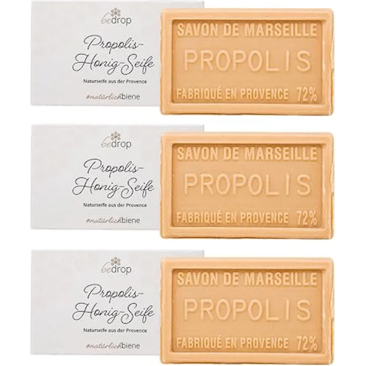 bedrop Propolis Seife, Naturseife, Akne Seife unreine Haut Schuppenflechte Neurodermitis, feste Handseife Körperseife mit Honig, Sheabutter, Kokosöl, Olivenöl, 3x 100g – Bild 1