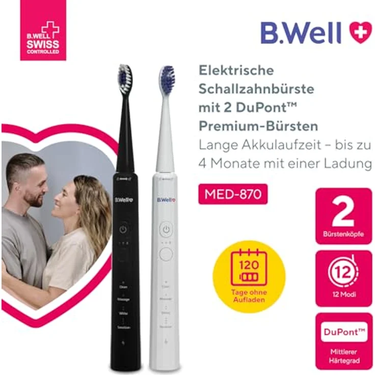 B.Well Sonic MED-870, Elektrische Zahnbürste mit Schalltechnologie, Schwarz, mehrere Bürstenmodi und lange Akkulaufzeit – Bild 2