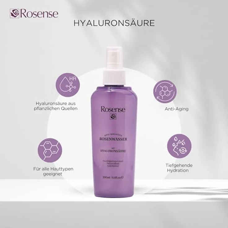 Rosense Rosenwasser mit Hyaluronsäure, Gesichtsreinigung 200 ml, lila, vegan, PETA-zertifiziert, alkoholfrei – Bild 4