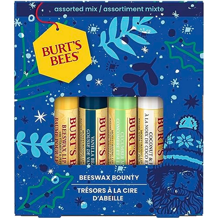 Burt's Bees Lippenbalsam-Multipack, Geschenkset mit Bienenwachs und Vitamin E, 100 % natürliche Inhaltsstoffe, 4 Geschmacksrichtungen (Bienenwachs, Vanillebohne, Gurke-Minze, Kokosnuss-Birne), 4 x 4,25 g – Bild 1