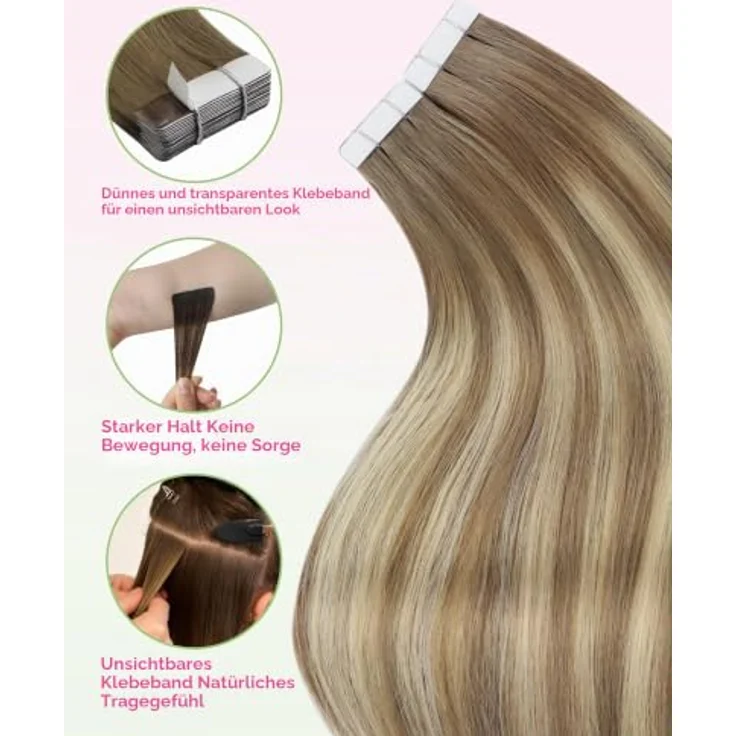 YoungSee Tape in Extensions, Echthaar Ombre Blond aus Remy Haar, 40 cm, 50g, Hellbraun, langlebiger Halt mit Walker Tape, inkl. Ersatz-Tapes – Bild 5
