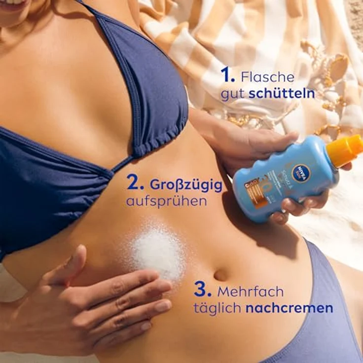NIVEA SUN Schutz & Bräune Sonnenspray LSF 30, 200 ml, nicht fettende Sonnencreme mit Pro-Melanin-Extrakt für eine ebenmäßige Bräune, wasserfest, dermatologisch getestet – Bild 4