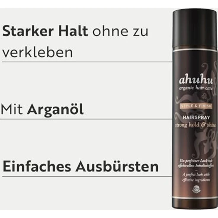ahuhu STYLE & FINISH Haarspray, strong hold & shine (300 ml), mit Arganöl, vegan, für alle Haartypen, ohne zu verkleben, leicht ausbürstbar, floral duftend – Bild 2