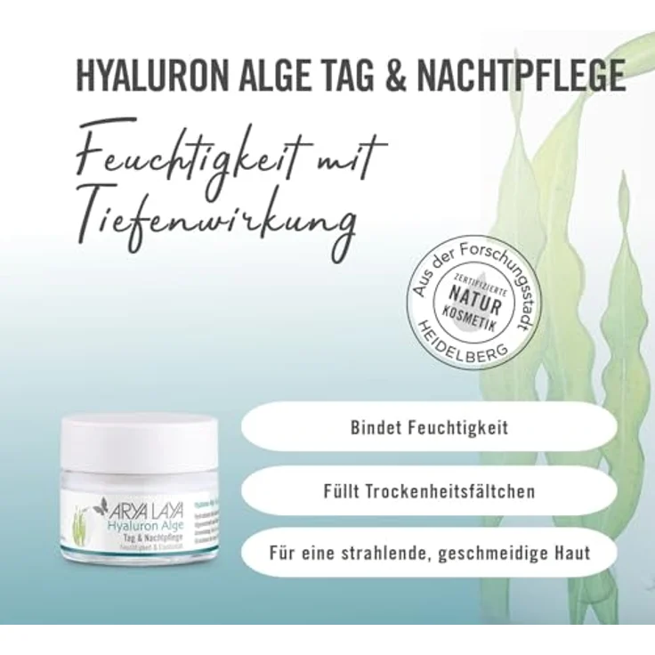 ARYA LAYA Hyaluron Alge Tag & Nachtpflege, 50 ml - aufpolsternde Feuchtigkeits-Creme mit Hyaluronsäure, Algen-Extrakt und Bio Aloe Vera, vegan, gegen Trockenheitsfältchen – Bild 2