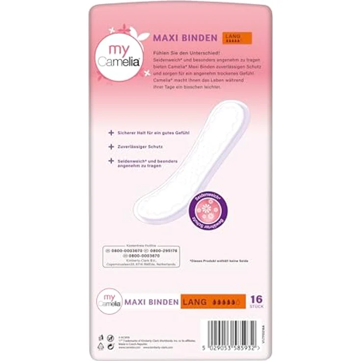 Camelia Maxi Binden Lang, 16 x 10 (160 Stück), hohe Saugfähigkeit, selbstklebend, seidenweich, hygienisch verpackt – Bild 4