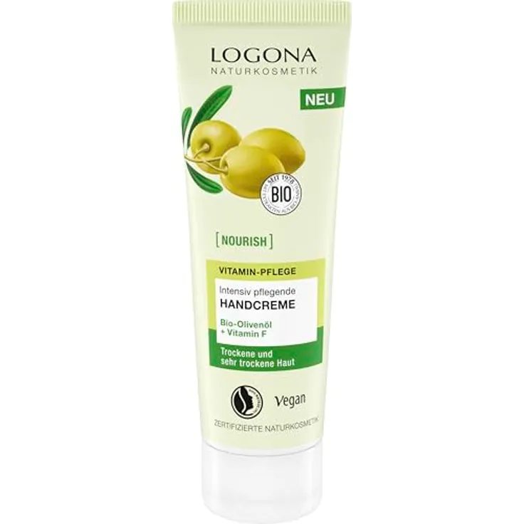 LOGONA Naturkosmetik NOURISH Handcreme intensiv, 75 ml, mit Bio-Olivenöl, vegan, für trockene und beanspruchte Hände