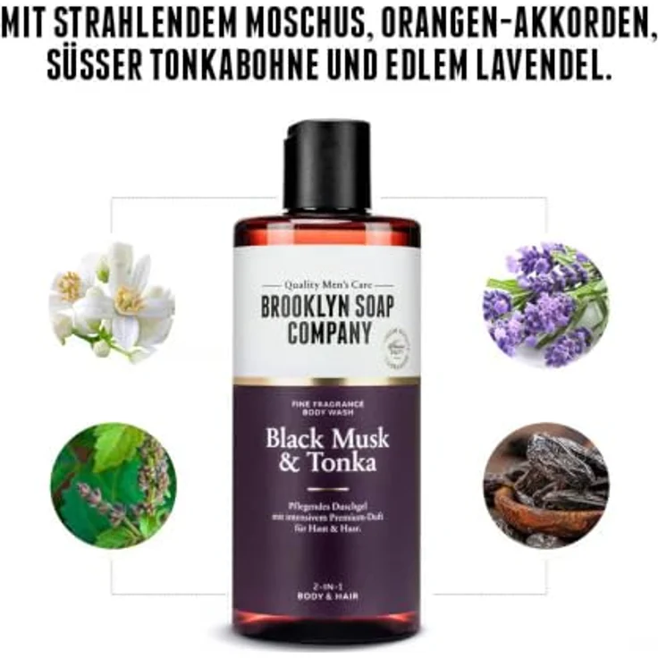 Brooklyn Soap Company Duschgel für Männer 5x300ml - 2-in-1 Body Wash mit Black Musk, Tonka und langanhaltendem Duft – Bild 3