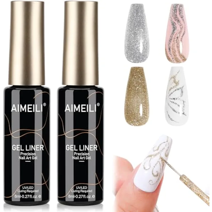 AIMEILI Gel Liner Nail Art Set, 2PCS Silber Gold 8ml Glitter für UV/LED, feiner Pinsel für DIY Nageldesigns