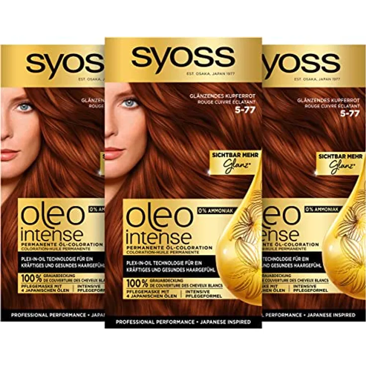 SYOSS Oleo Intense Permanente Öl-Coloration, Haarfarbe 5-77 Glänzendes Kupferrot, mit pflegendem Öl & ohne Ammoniak, 3er Pack (3 x 115 ml)