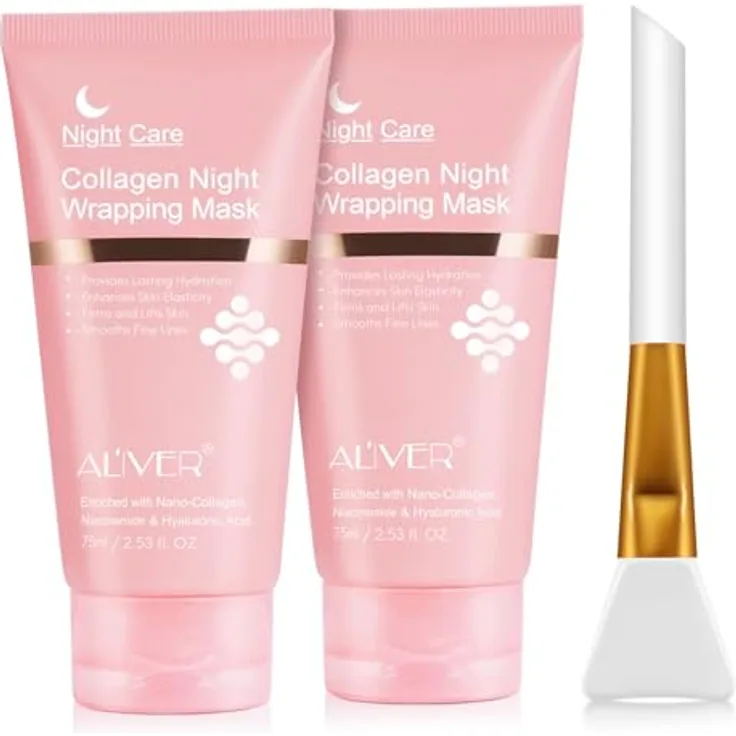 P-Beauty Collagen Nachtmaske mit Pinsel, 2x 75ml, Lifting-Effekt, Faltenreduktion, Hyaluronsäure, Niacinamid & Ceramide, Peel Off Effekt