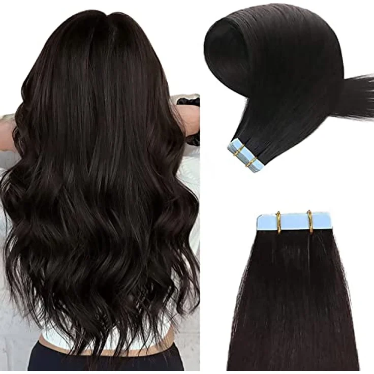 YILITE Tape Extensions Echthaar, 35cm, 20 Stück, 40g, Natürliches Schwarz #1B, Seidig Gerade, Invisible Skin Weft – Bild 1