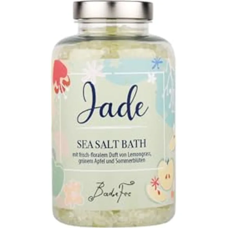 BadeFee Badesalz 500 g – Meersalz mit Mandelöl, vegan, mikroplastikfrei, Duft Jade: grüne Äpfel, Zitronengras und Sommerblüten, made in Germany