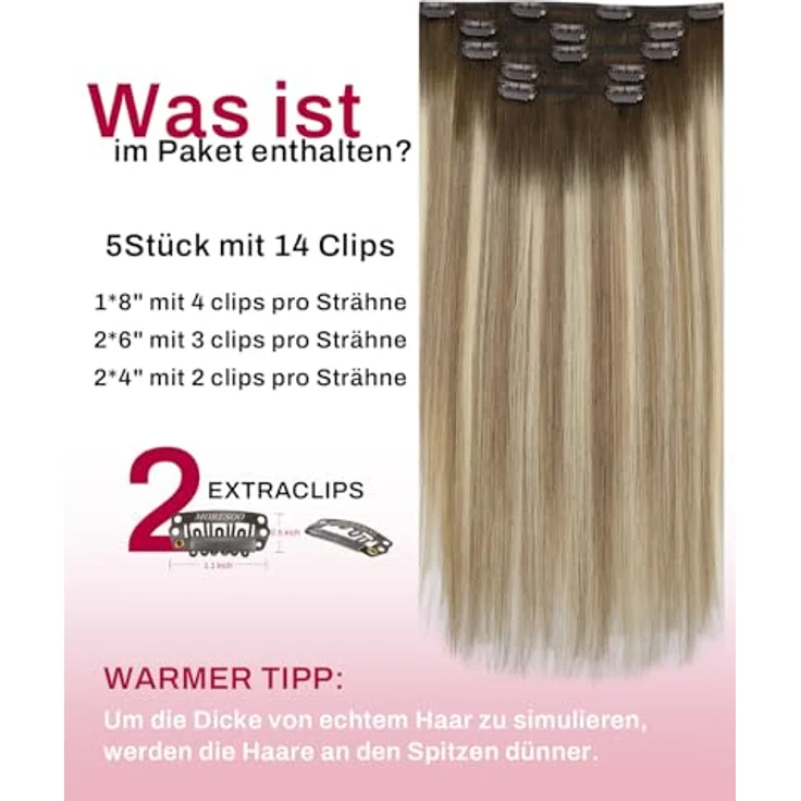 Moresoo Clip in Extensions Echthaar, 35 cm, 80g, #3/8/22 Braun bis Kastanienbraun mit Mittelblond, leicht zu tragen, seidig und glatt – Bild 3