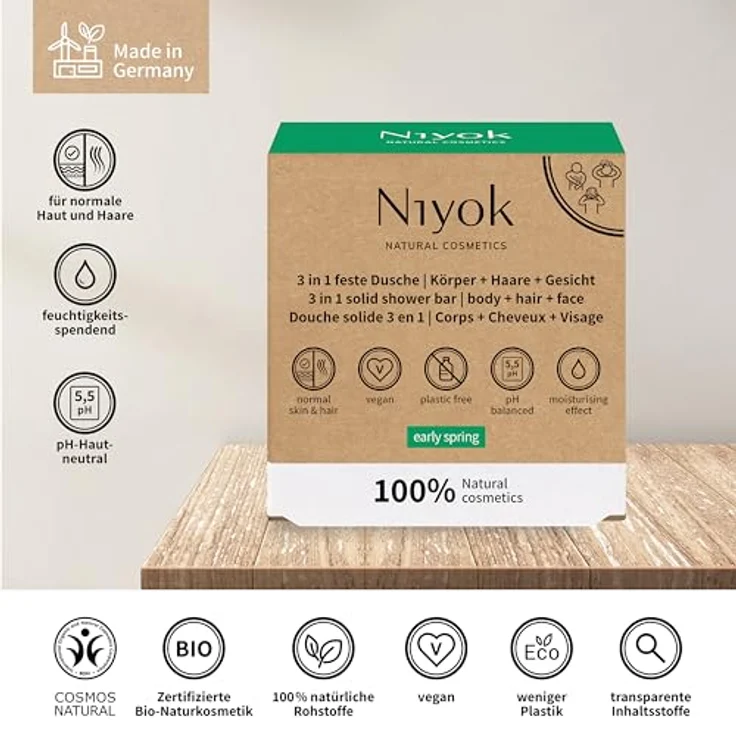 Niyok® 3-in-1 Feste Dusche "Early Spring" (80g) • Bio Naturkosmetik • Plastikfrei & Vegan • Für Körper, Haare & Gesicht – Bild 3