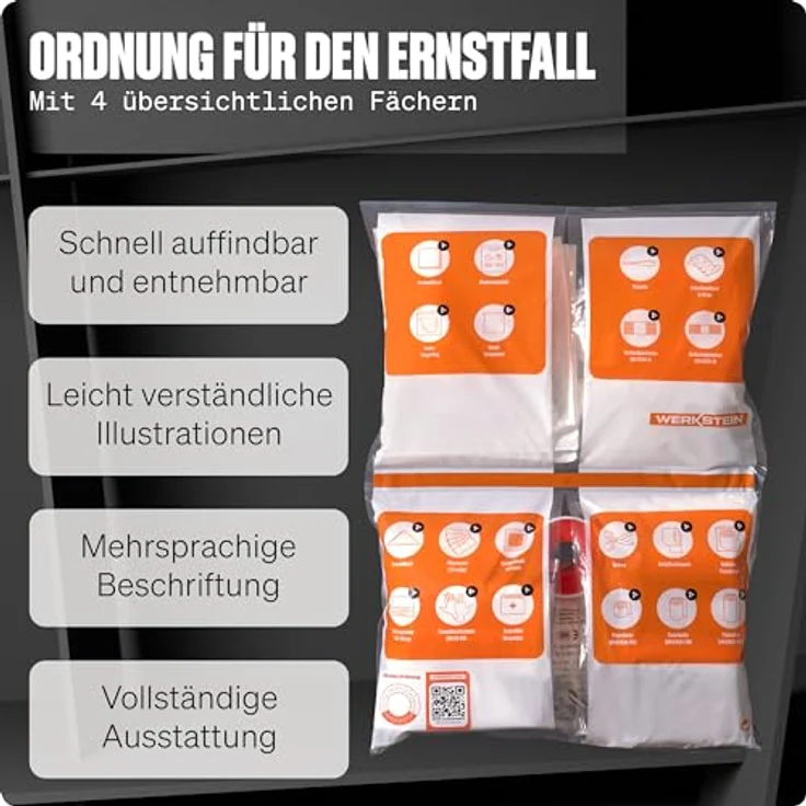 Werkstein Erste-Hilfe-Koffer DIN 13157:2021 Small - Wandhalterung, 3x Aufkleber, Gesichtsmasken & Feuchttücher - Orange – Bild 6