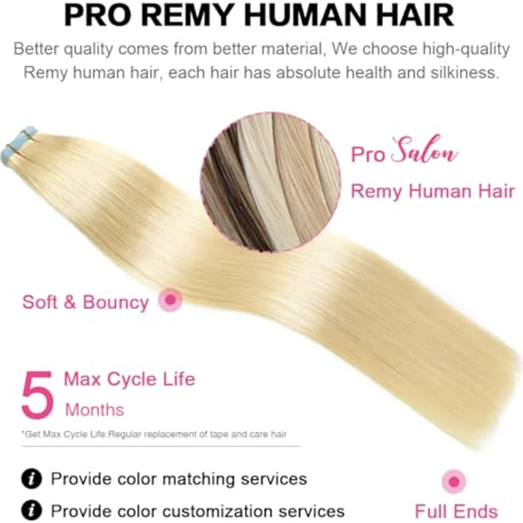 SUYYA Tape Extensions Echthaar, Invisible Tape-in Extensions, seidig gerade, 18 Zoll (45 cm), 20 Stück, 50g, #613 Bleichblond, Remy menschliches Haar – Bild 4