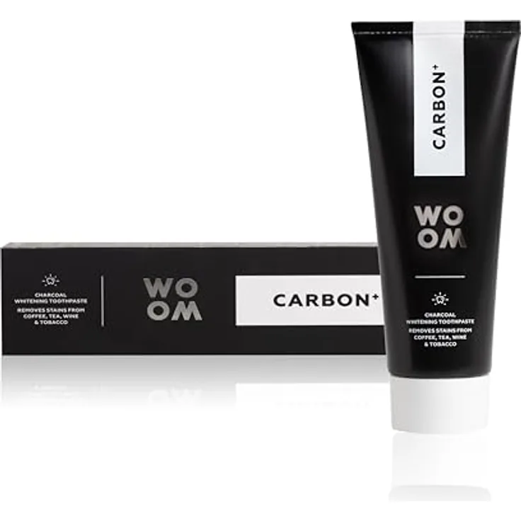 Woom Carbon+ Premium Toothpaste Whitening Zahnaufhellung Schwarze Aktivkohle Zahnpasta Aktivkohle Paste für Weiße Zähne Zahncreme mit Fluorid 75ml