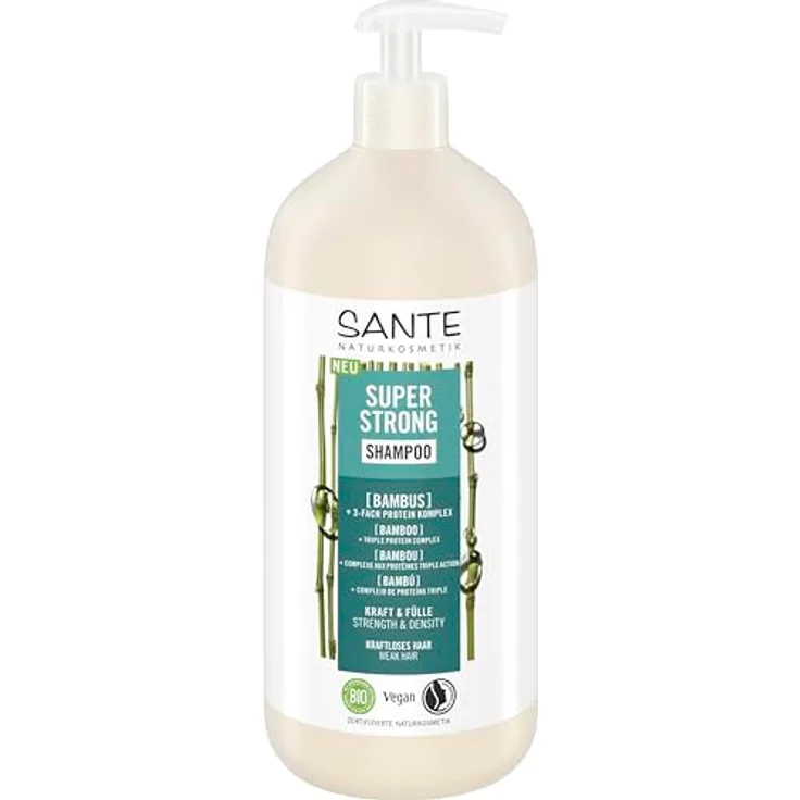 Sante Naturkosmetik Super Strong Shampoo Bio-Bambus Extrakt + 3-Fach Protein Komplex, veganes Pflegeshampoo für kraftloses Haar, 950 ml mit Pumpspender