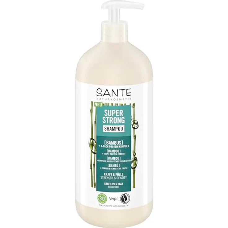 Sante Naturkosmetik Super Strong Shampoo Bio-Bambus Extrakt + 3-Fach Protein Komplex, veganes Pflegeshampoo für kraftloses Haar, 950 ml mit Pumpspender – Bild 1