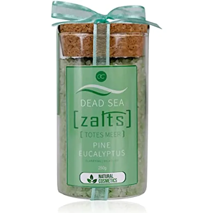 Accentra Zalts Totes Meer Badesalz im Glas mit Korkverschluss – 250g Totes Meersalz MADE in GERMANY mit Fichtennadel- und Eukalyptusöl angereichert