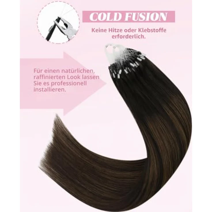 YoungSee Microring Extensions Echthaar Ombre, Braun Ombre Mittelbraun, 35 cm, 50g, Kaltfusion, Invisible, für Damen – Bild 5