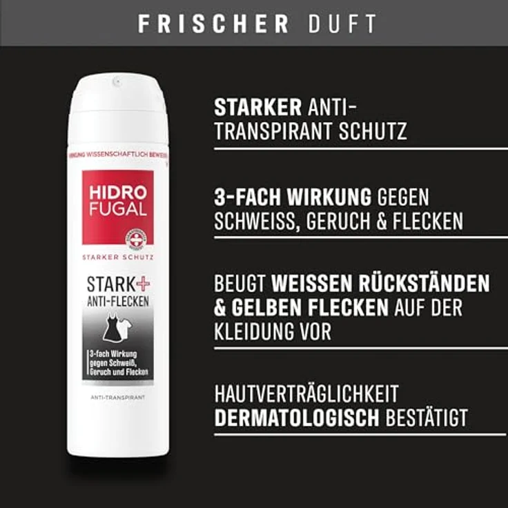 Hidrofugal STARK + ANTI-FLECKEN Spray, Antitranspirant Deo gegen Schweiß, Geruch & Flecken, alkoholfrei mit frischem Duft, 150 ml – Bild 2