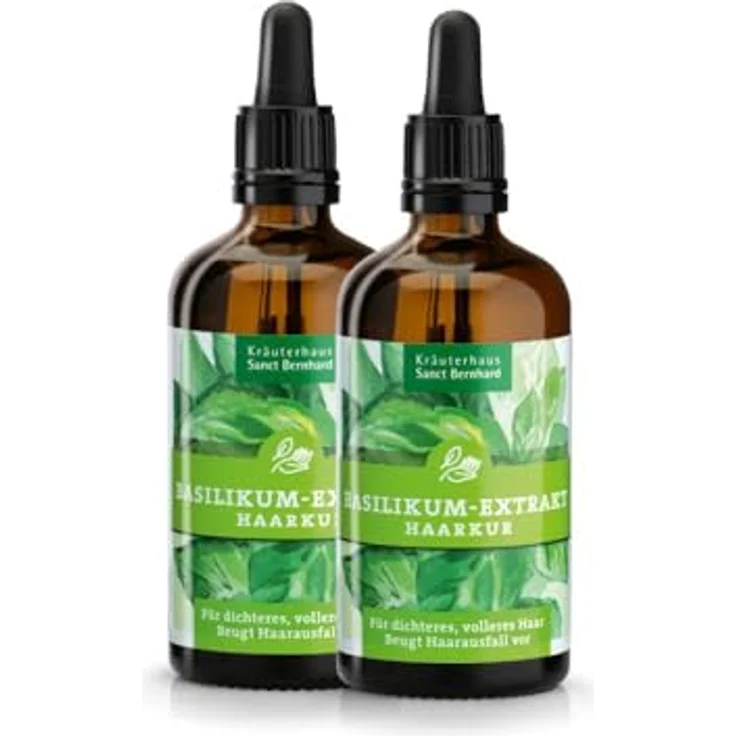 Kräuterhaus Sanct Bernhard Basilikum Extrakt Haarkur, 2x 100 ml für dünnes, trockenes & brüchiges Haar | Mit Koffein & Aloe Vera, fördert Haarwachstum und beugt Haarausfall vor – Bild 1