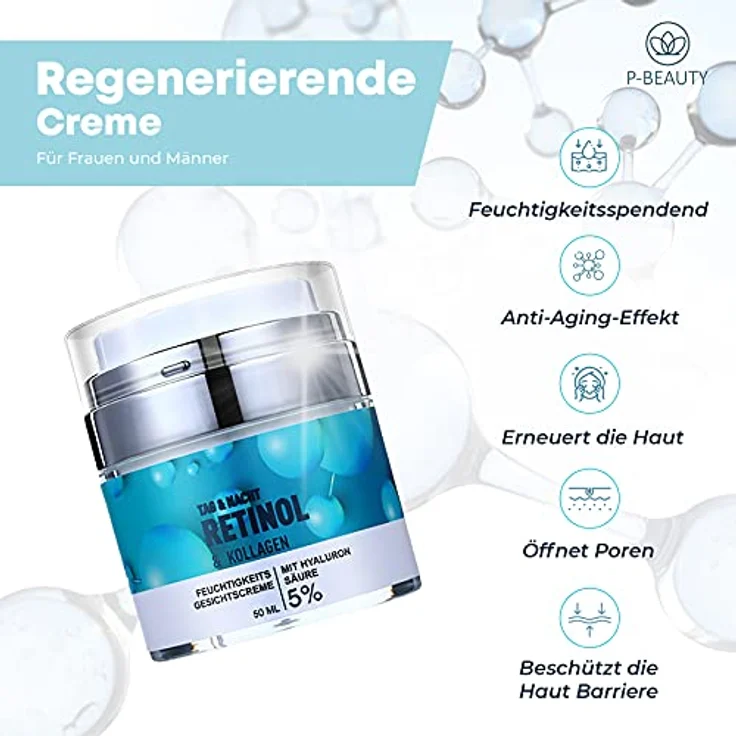 P-Beauty Retinol Creme, Anti Aging mit 5% Retinol 50ml - Feuchtigkeitscreme, Nachtcreme & Tagescreme mit Hyaluronsäure - Anti Falten Creme, Gesichtspflege mit Kollagen, Aloe Vera & Vitaminen – Bild 3