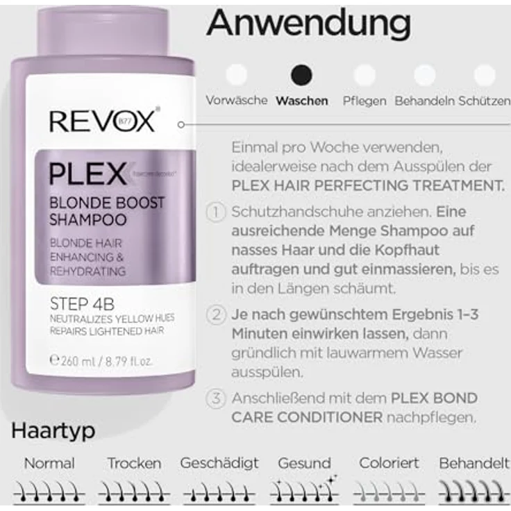 REVOX B77 Plex Blonde Boost Shampoo Step 4B, violettes Toning-Shampoo, neutralisiert Gelbtöne, reinigt sanft, stärkt und hydratisiert coloriertes, trockenes Haar, 260 ml – Bild 5