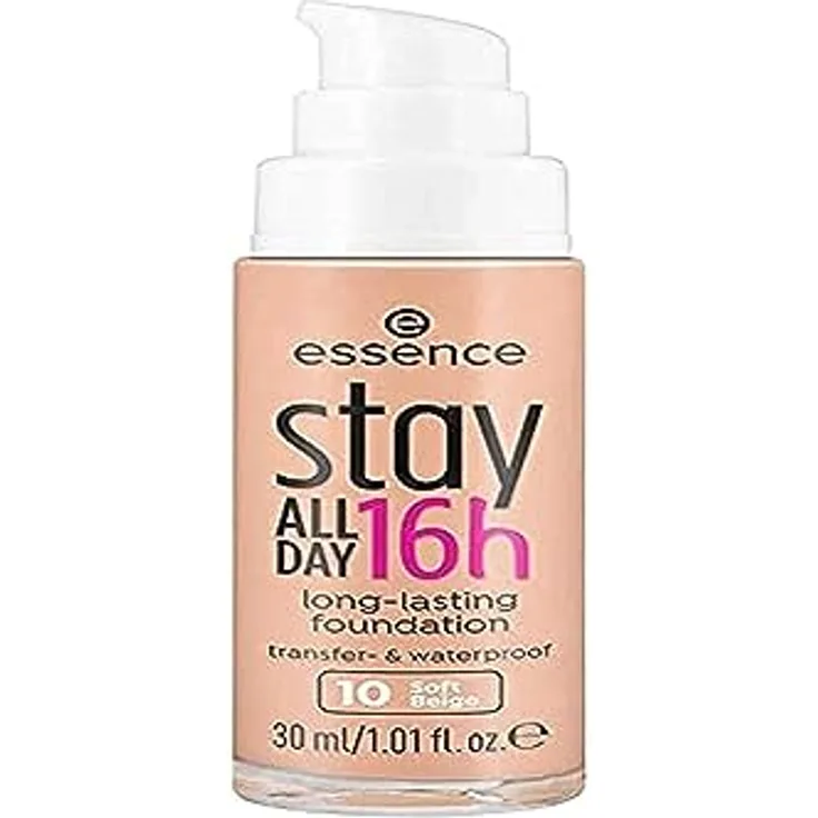 essence cosmetics stay ALL DAY 16h long-lasting Foundation, Make Up, wischfest, wasserfest, Nr. 10 Soft Beige, nude, langanhaltend, mattierend, weichzeichnend, matt, vegan, ölfrei, wasserfest (30ml)