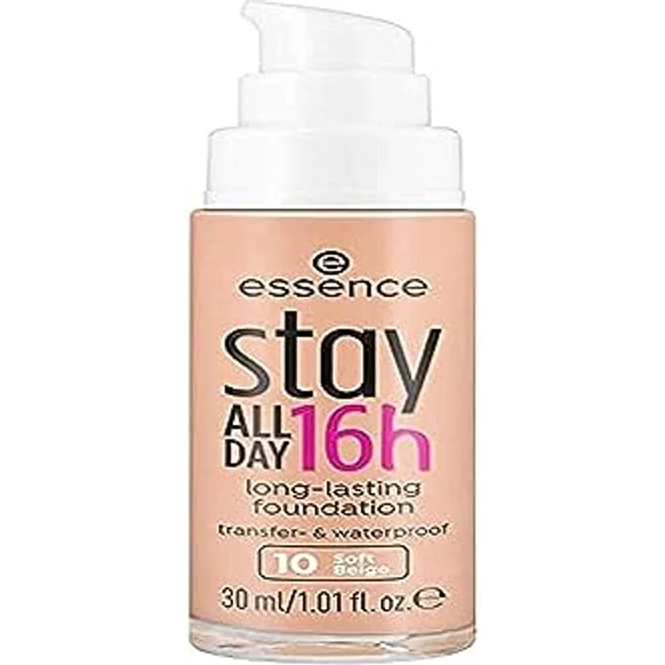 essence cosmetics stay ALL DAY 16h long-lasting Foundation, Make Up, wischfest, wasserfest, Nr. 10 Soft Beige, nude, langanhaltend, mattierend, weichzeichnend, matt, vegan, ölfrei, wasserfest (30ml) – Bild 1