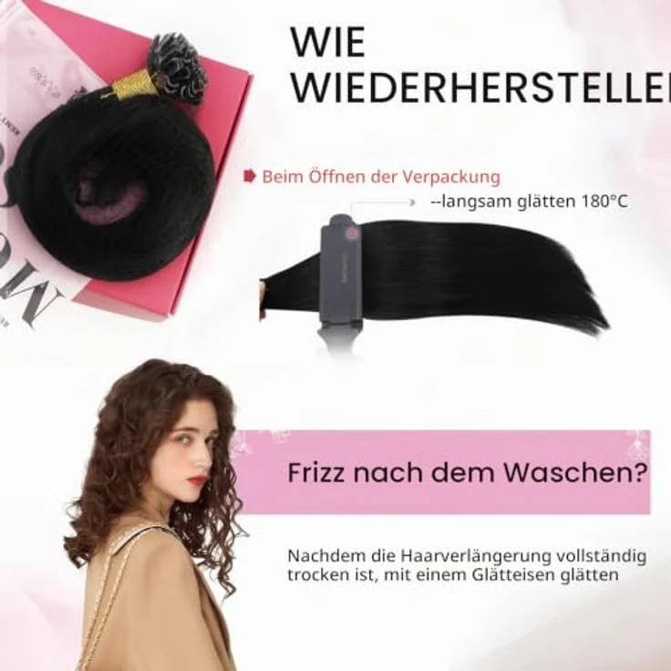 Moresoo U Tip Echthaar Extensions, Pre Bonded Bondings Schwarz, 50 Stück, Hot Fusion Keratin, 50g, 50 cm – Bild 5