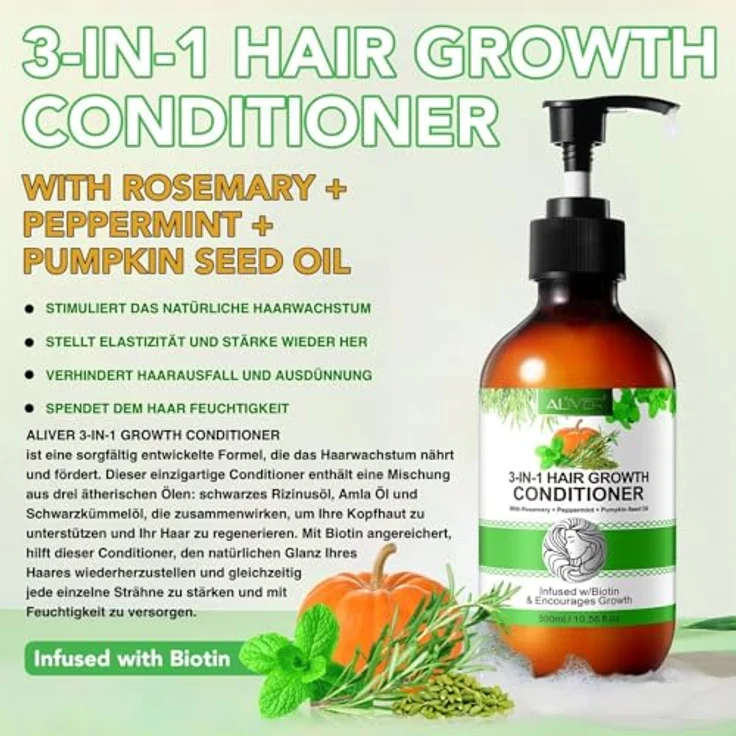 P-Beauty 3-in-1 Conditioner Rosmarin Minze & Kürbiskernöl, 300ml - Haarspülung mit Biotin für Haarwachstum, regenerierende Pflege, Glanz und Schutz vor Haarausfall – Bild 4