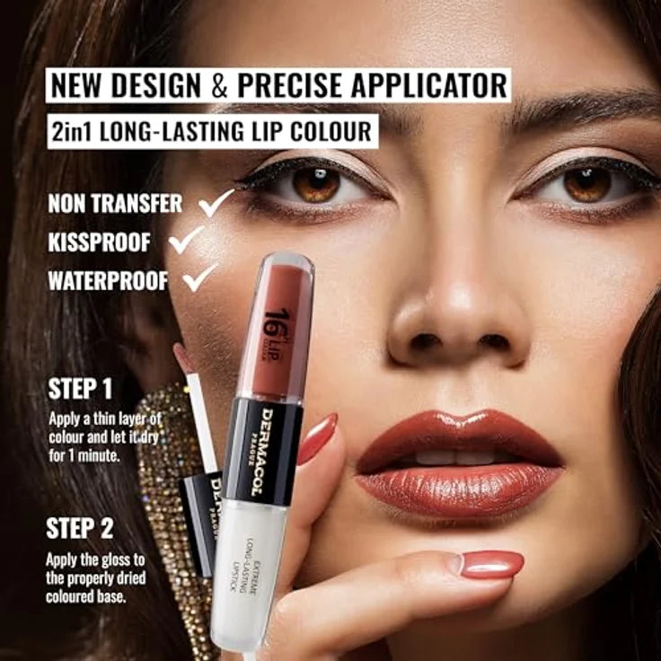 Dermacol 16H Lip Colour, Langanhaltender, glänzender Lippenstift in Farbton 23 Mocha Brown, 2x4 ml – Bild 2