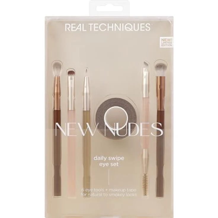 Real Techniques New Nudes Daily Swipe Eye Kit, 7 Piece Set, Synthetic Bristles, Cruelty-Free & Vegan, Makeup Brushes For Eyeshadow, Liner, & Brows, Makeup Tape, Natural Or Smokey Makeup Look – Bild 1