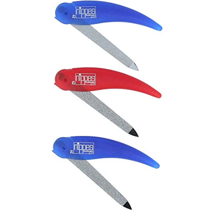 Nippes Taschengröße Nagelfeile Set mit Puffer Qualität handgefertigt in Solingen Germany Tragbar für Reise Pediküre Maniküre Ergonomischer Handgriff langlebiges Metall Design Blau & Rot Set [3 Pack] – Bild 1