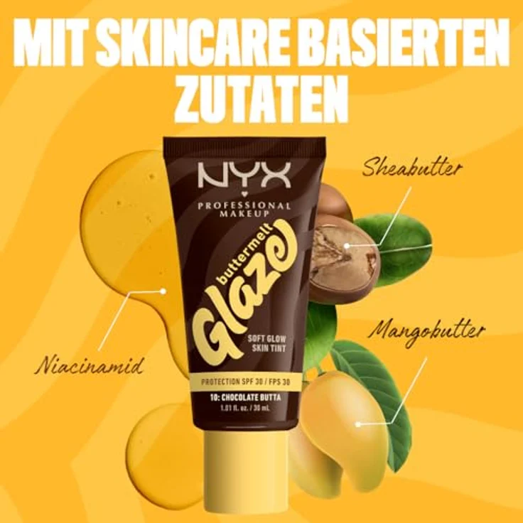 NYX PROFESSIONAL MAKEUP Buttermelt Glaze Foundation, LSF 30, 30 ml, Farbton: 10 Chocolate Butta, mit Sheabutter, Mangobutter und Niacinamide – Bild 4